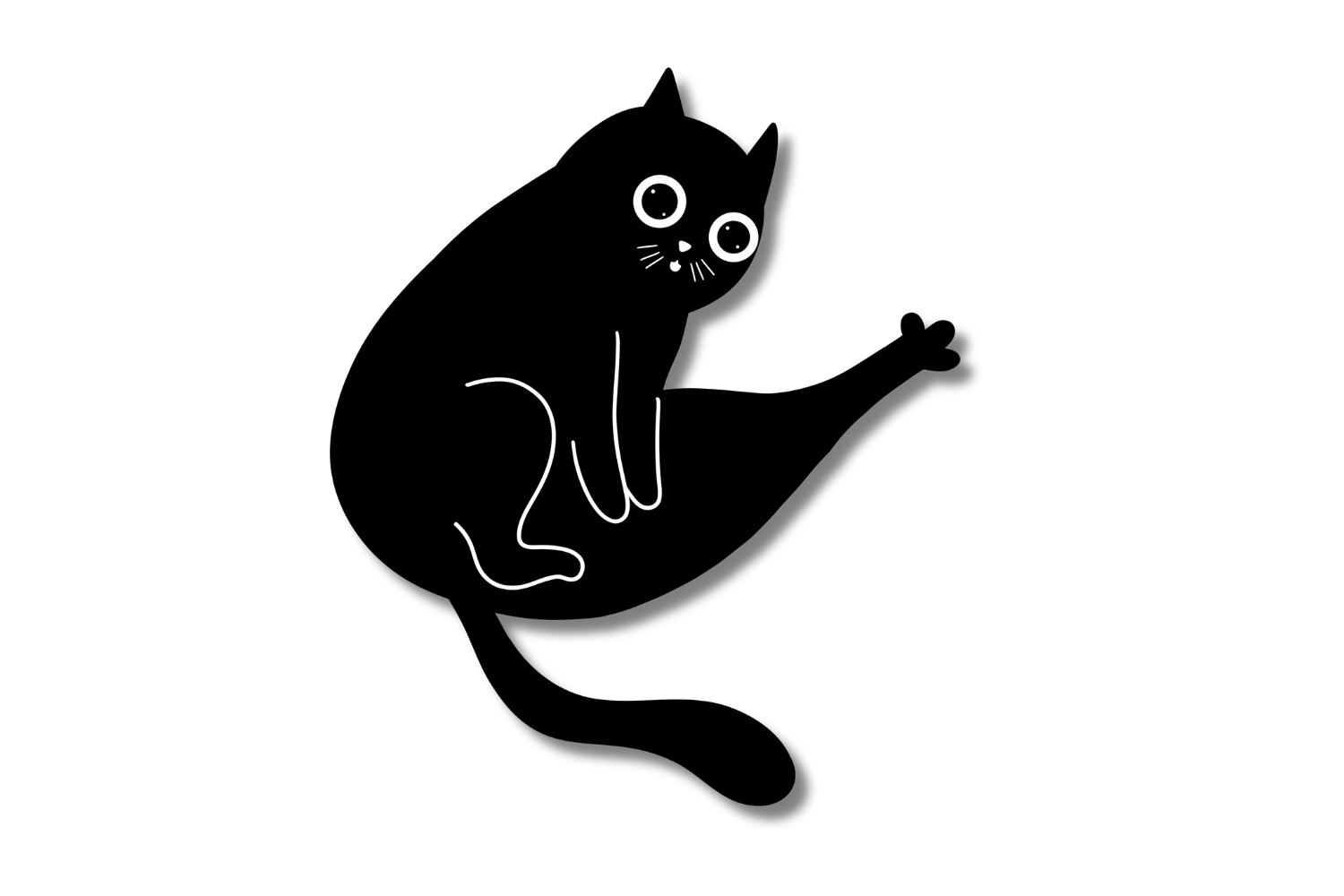 A simple line drawing of a black cat with large round eyes, a small nose, and whiskers against a black background.
