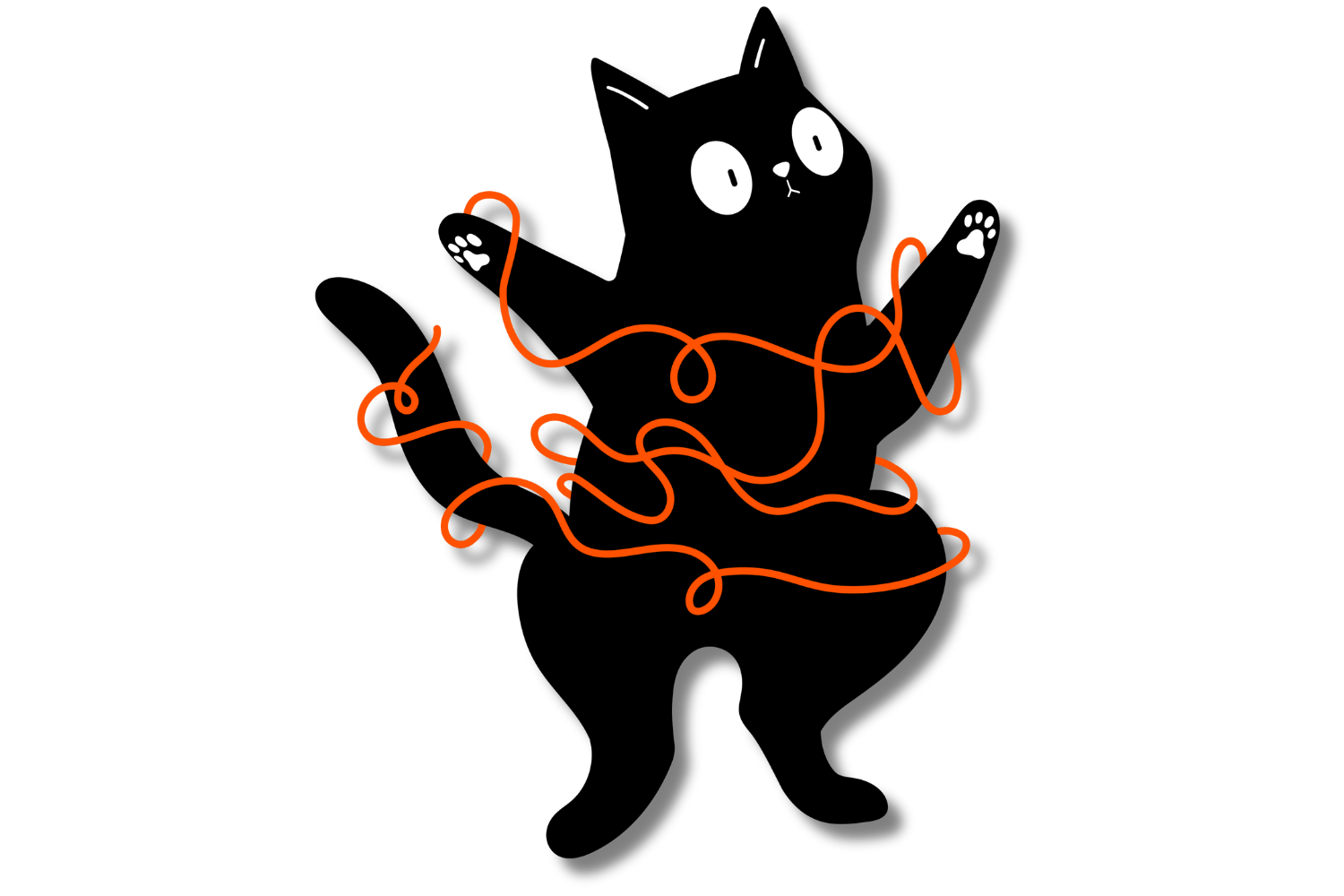 Cartoon illustration of a black cat with white eyes and a small nose, holding a tangled orange yarn ball with its paws, set against a black background.