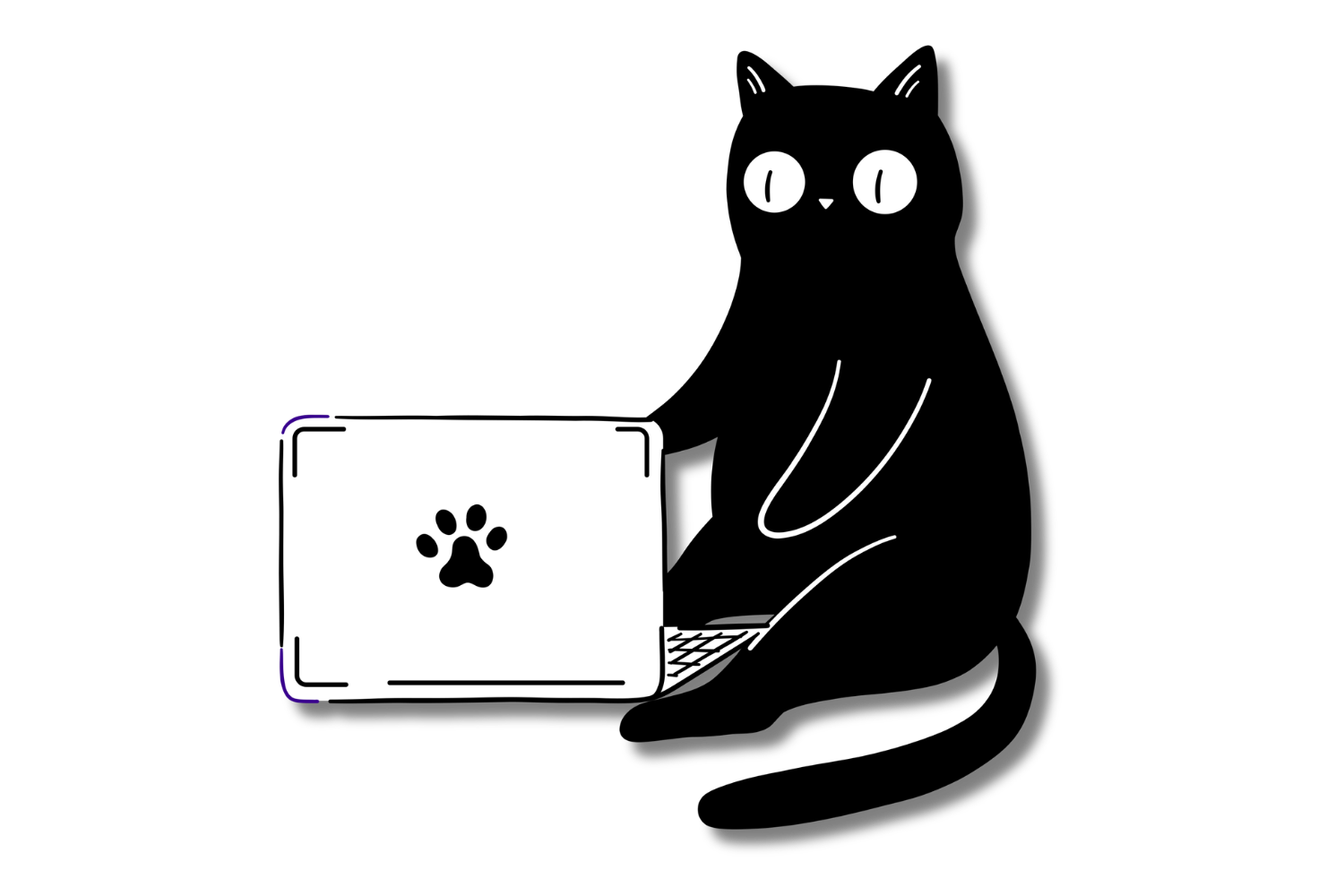 A cartoon of a black dog holding a white box with a paw print on it, with wide, expressive eyes and a tongue sticking out.