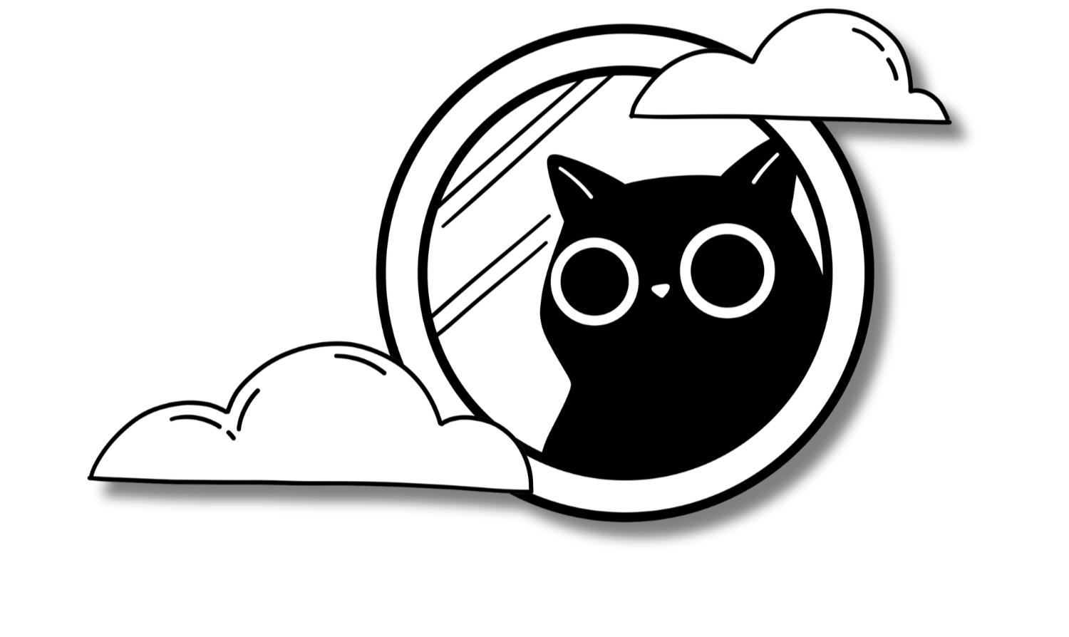 Black cartoon cat with large eyes looking out of a round mirror, with clouds surrounding the mirror.