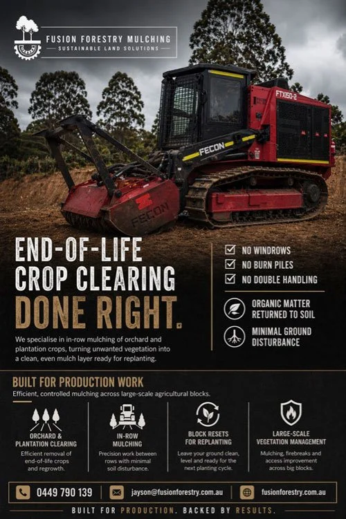 Advertisement for Fusion Forestry Mulching showing a red FECON mulching machine on dirt ground with trees in background, promoting end-of-life crop clearing and sustainable land solutions.
