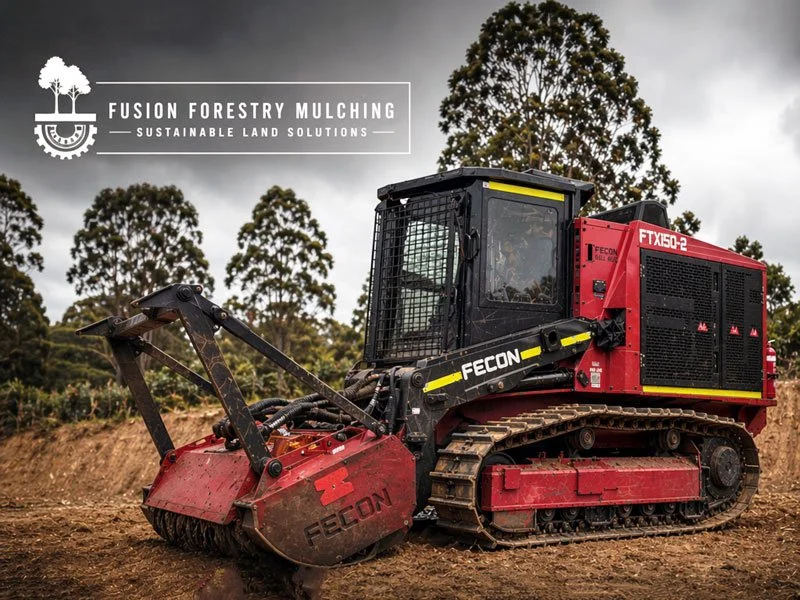 Bulldozer working on a dirt field with trees and cloudy sky in the background, labeled with FECON branding, used for forestry mulching.