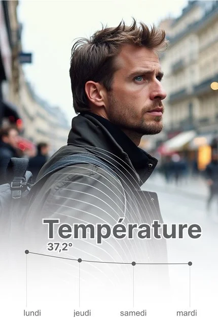 Homme avec veste noire, regardant vers la droite, en milieu urbain. Titre 'Température 37,2°' avec une courbe montrant la température sur plusieurs jours, de lundi à mardi.
