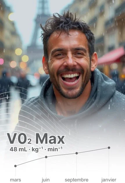 Un homme souriant sous la pluie dans une rue urbaine, avec un graphique montrant une augmentation de VO2 Max de mars à janvier.