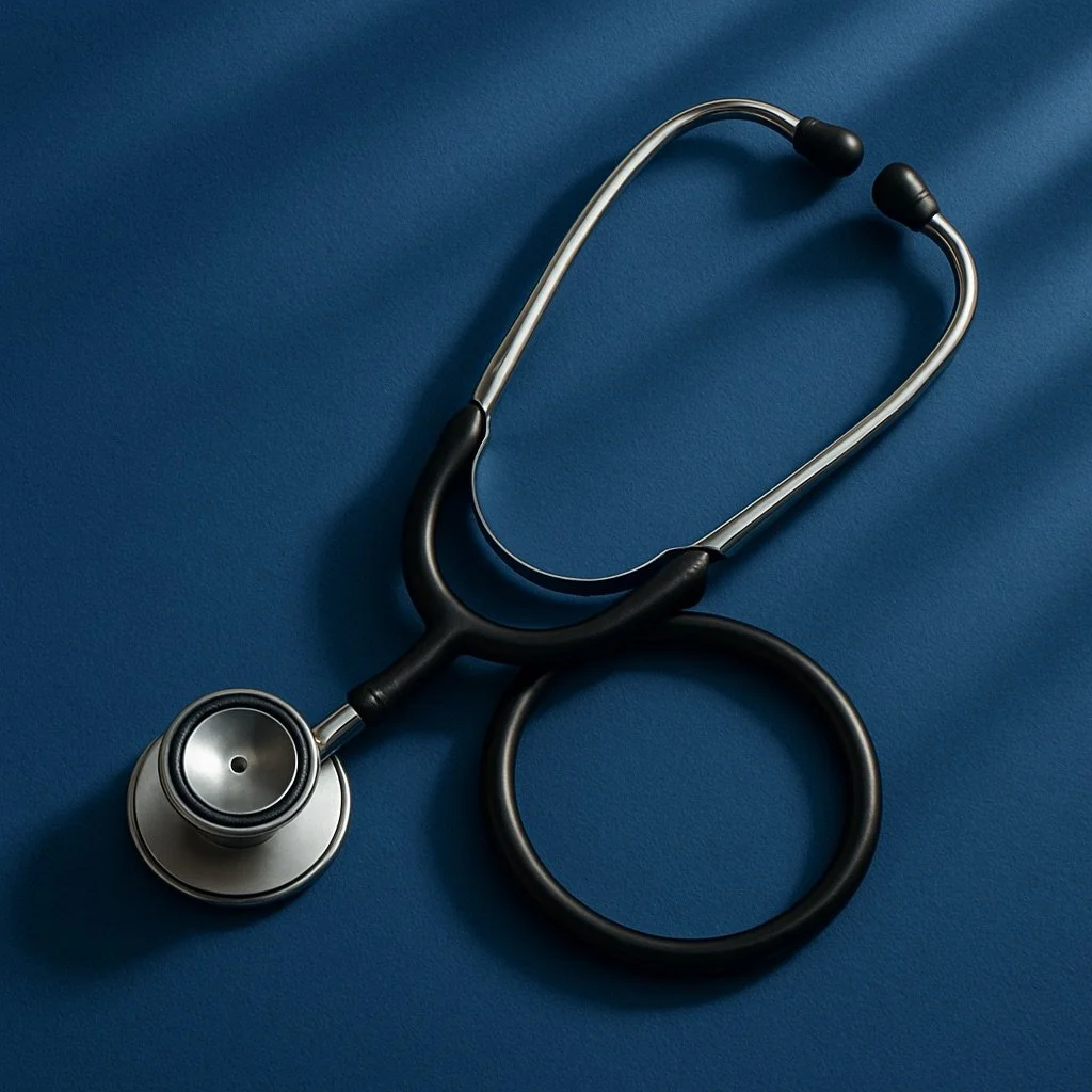 Stéthoscope noir et argent sur fond bleu.