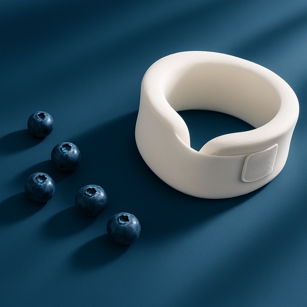 Un bracelet blanc en mousse avec six myrtilles sur une surface bleue.