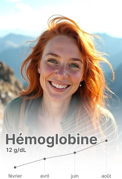 Une femme aux cheveux roux souriante, en plein air avec des montagnes en arrière-plan, porte un manteau beige et des petites boucles d'oreilles.