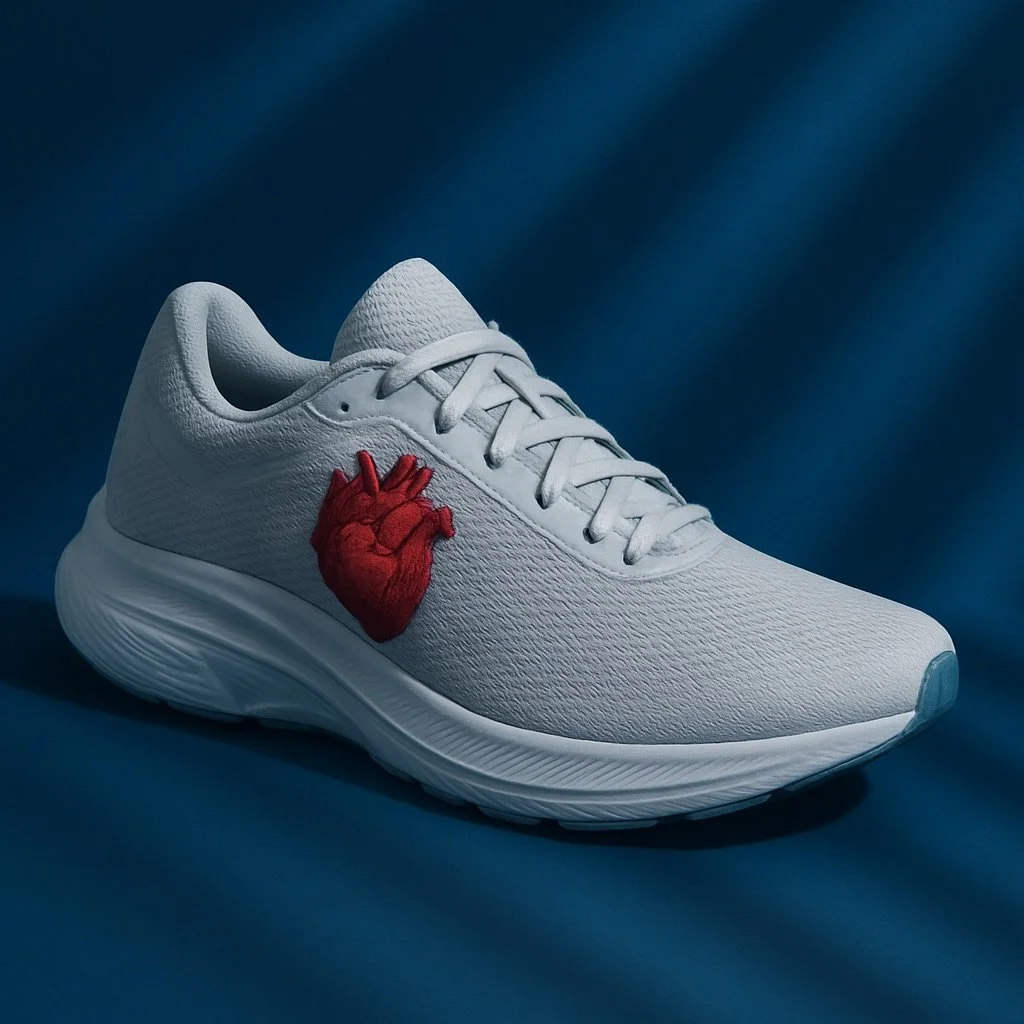 Chaussure de course blanche avec un patch en forme de cœur rouge brodé sur le côté, posée sur un fond bleu.