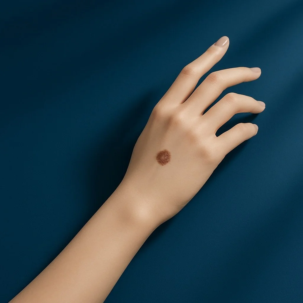 Main humaine avec un grain de beauté brun sur le dos de la main, contre un fond bleu.