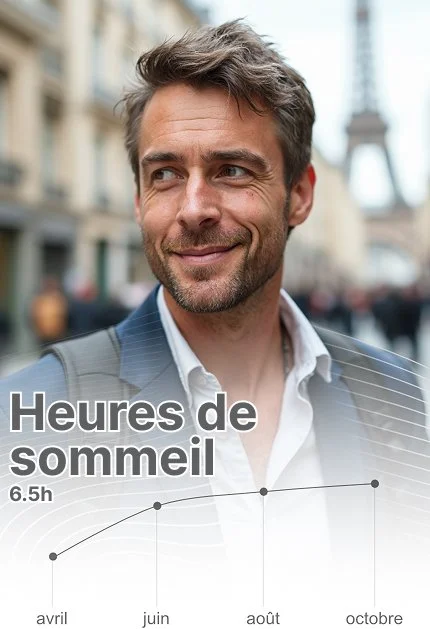 Un homme barbu souriant, en costume, dans une ville, avec un graphique montrant les heures de sommeil sur plusieurs mois en bas à gauche.