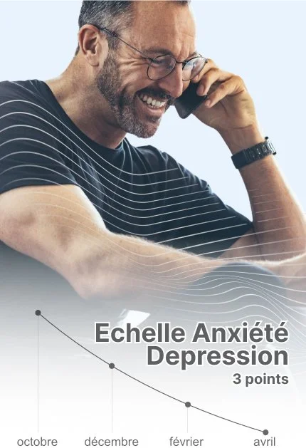 Homme souriant parlant au téléphone avec un graphique illustrant une baisse de l'anxiété et de la dépression de octobre à avril.