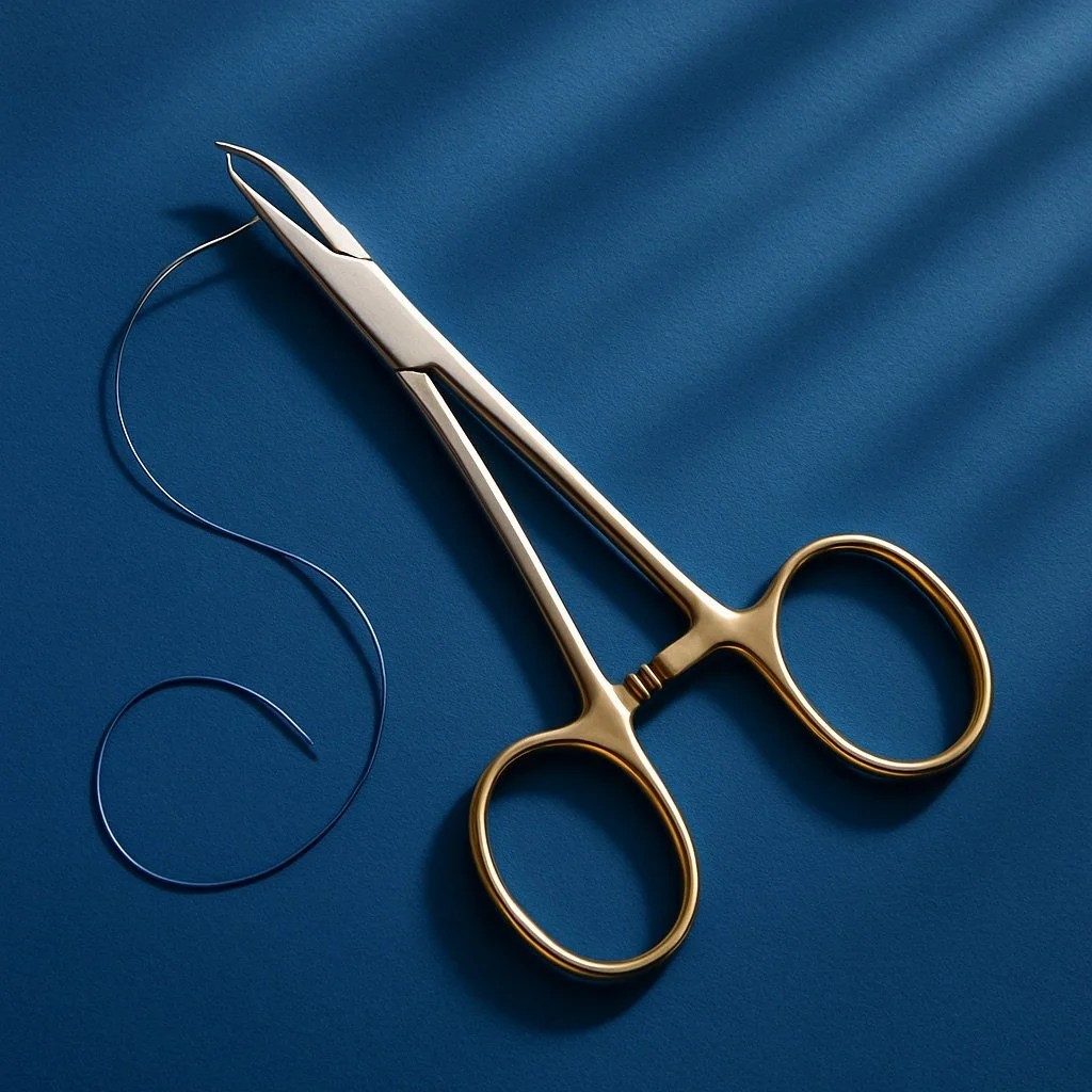 Une paire de ciseaux chirurgicaux en or sur un fond bleu avec un fil de couture