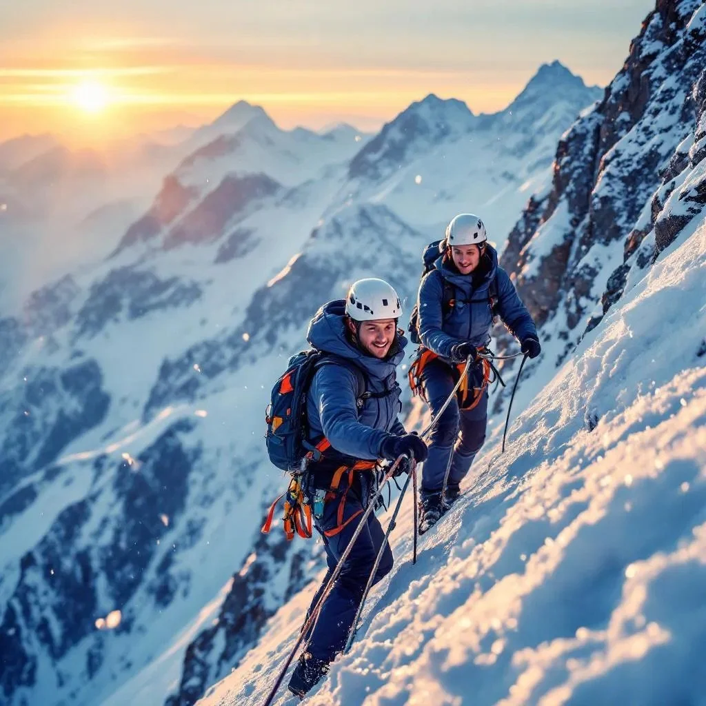 Deux alpinistes en crampons escaladent une montagne enneigée au coucher du soleil, avec des montagnes enneigées en arrière-plan.