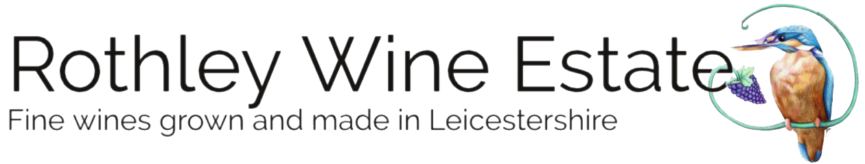 Logo for Rothey Wine Estate with a colorful illustration of a kingfisher bird and grapes, and text indicating fine wines from Leicester, UK.