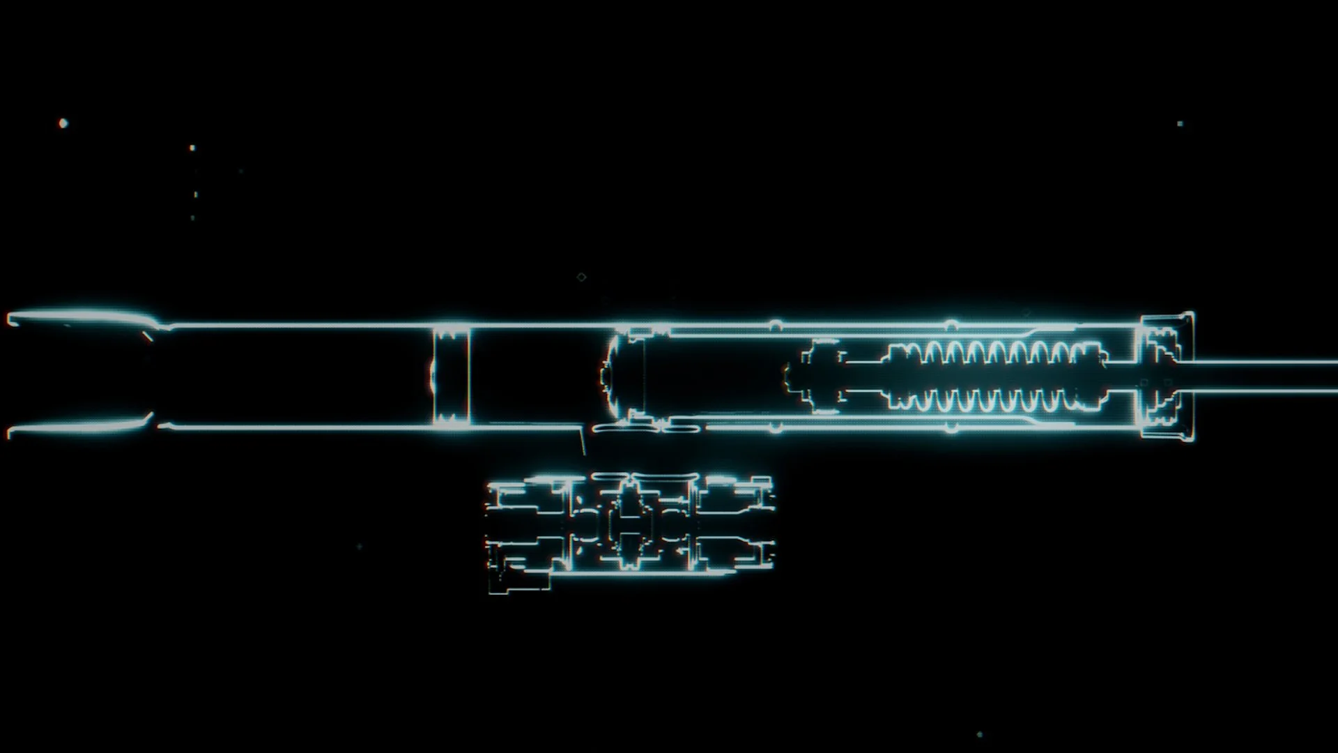 A digital, blueprint-style outline of a rocket on a black background, with a detailed interior structure and various design elements.