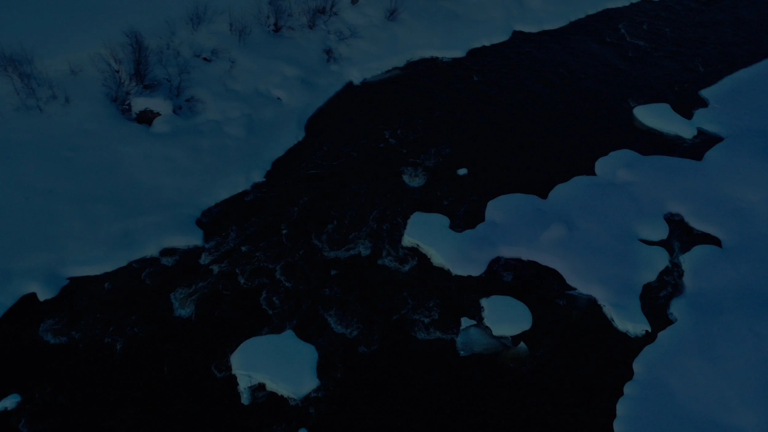 Dark rocky formation with patches of snow and ice in a snowy landscape, surrounded by snow-covered trees in the background.