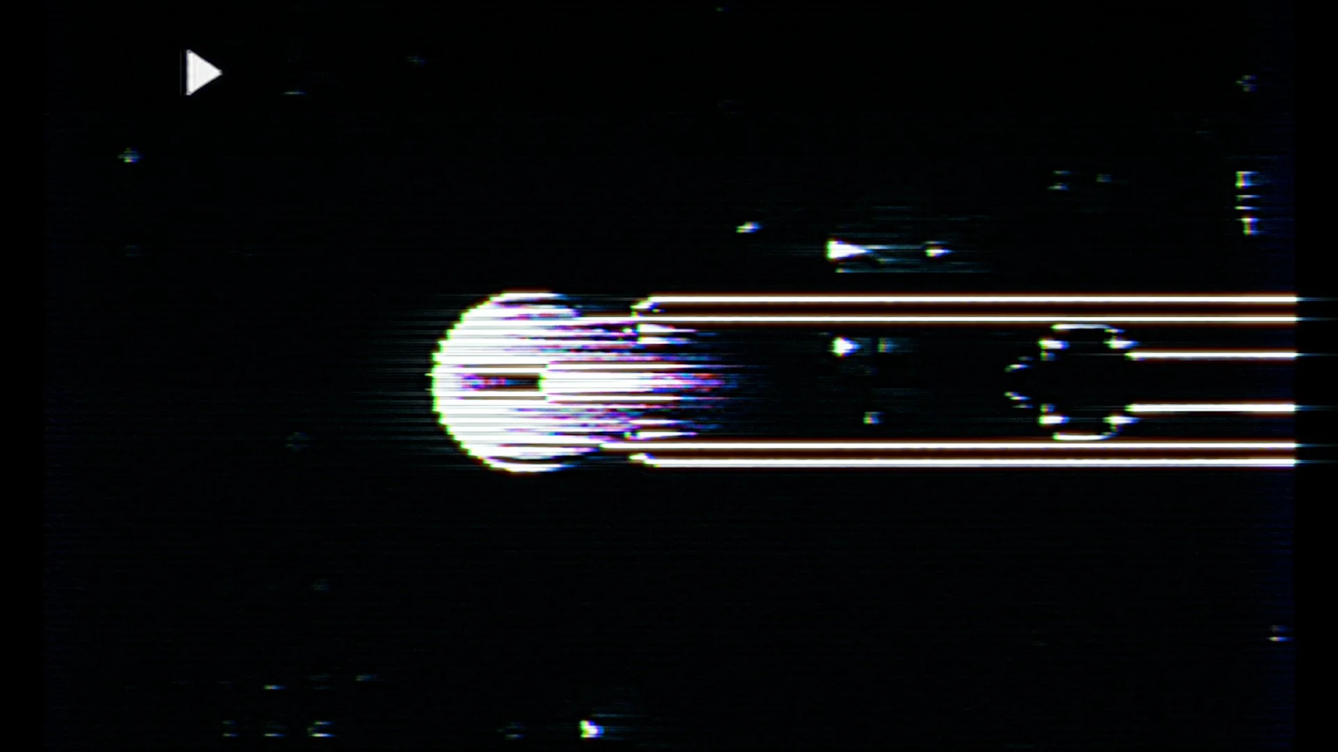 A pixelated, iMovie-style depiction of a rocket ship flying through space with a trail of horizontal lines behind it.