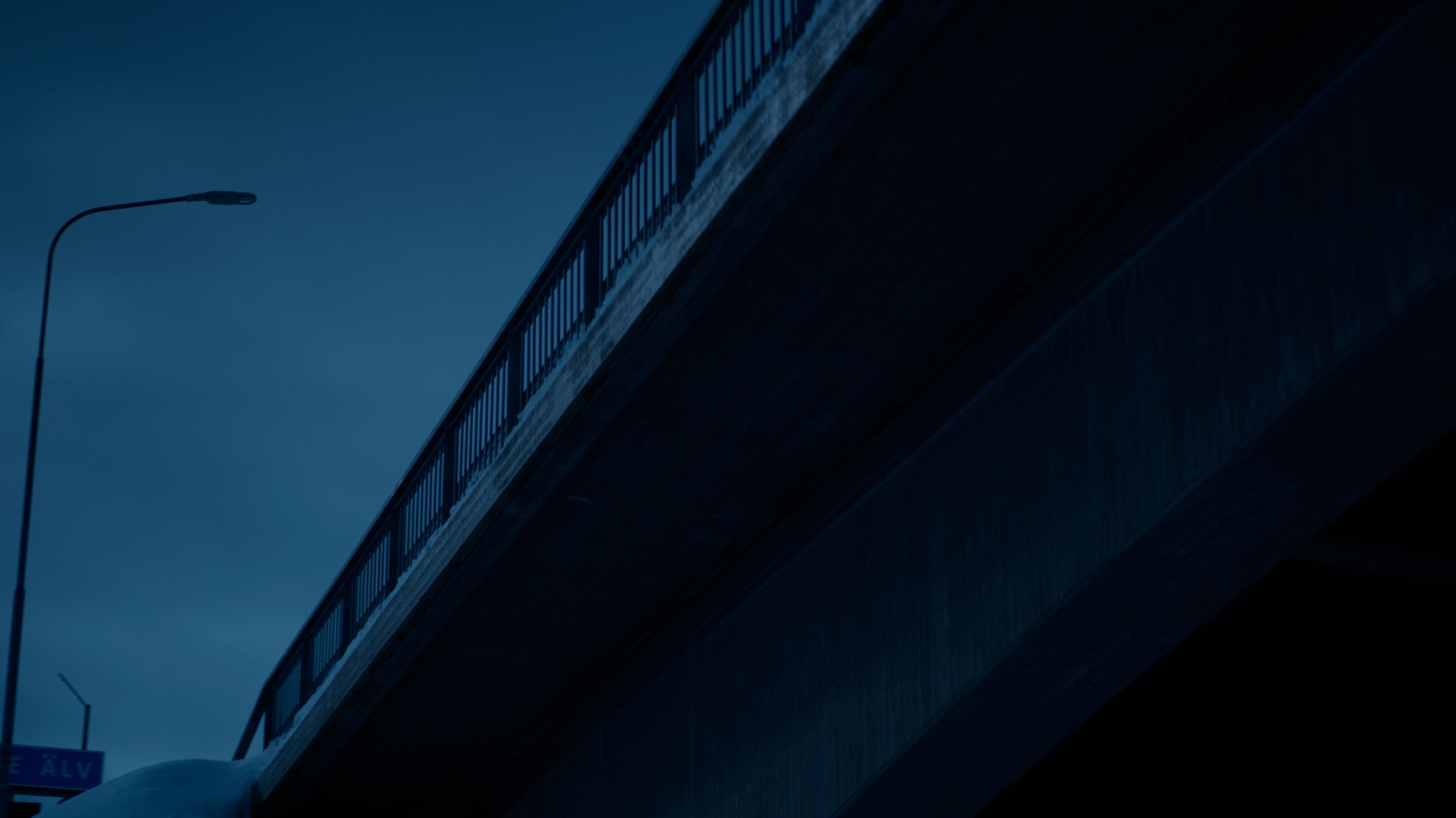 A dark photo of a bridge at night with streetlights and a clear sky.