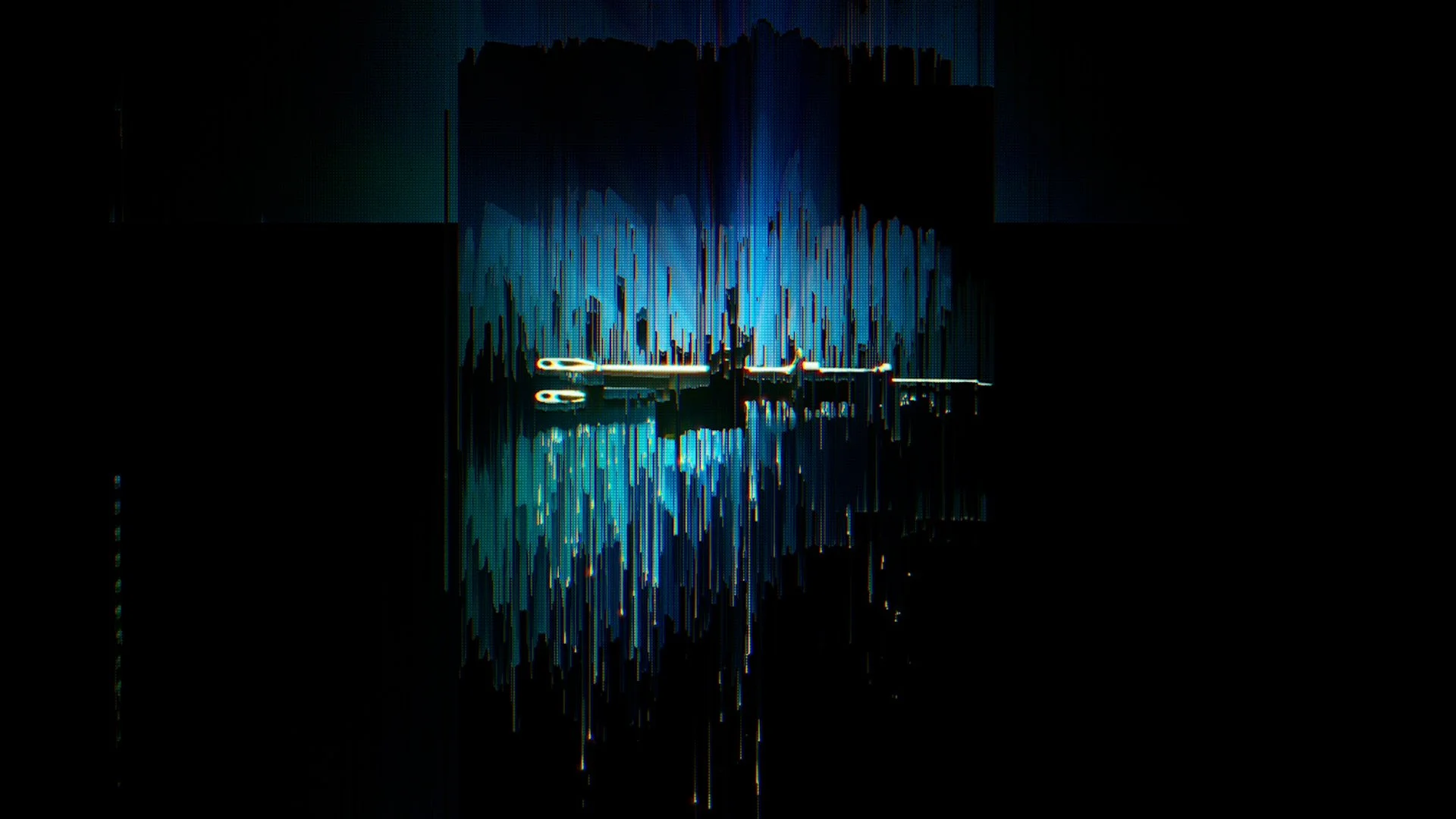 Abstract digital art featuring vertical blue, black, and teal streaks with a horizontal white line cutting through the middle, reflecting on a glossy surface.
