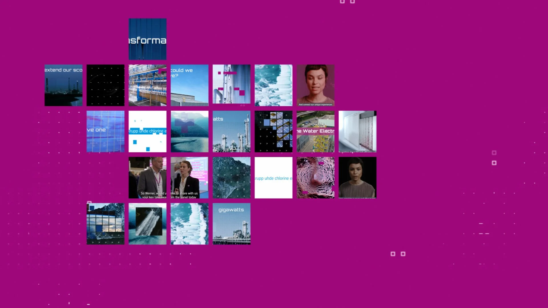 A digital collage of multiple small images on a purple background, including technology, water, people, and industrial scenes.
