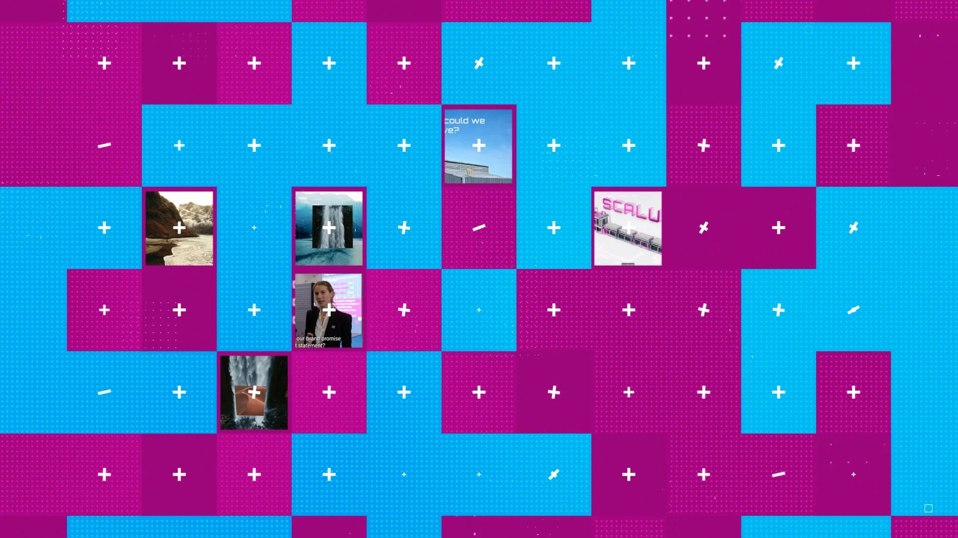 Abstract digital art mosaic with pink and blue squares, some containing images of nature, technology, and people, interspersed with plus and minus symbols.