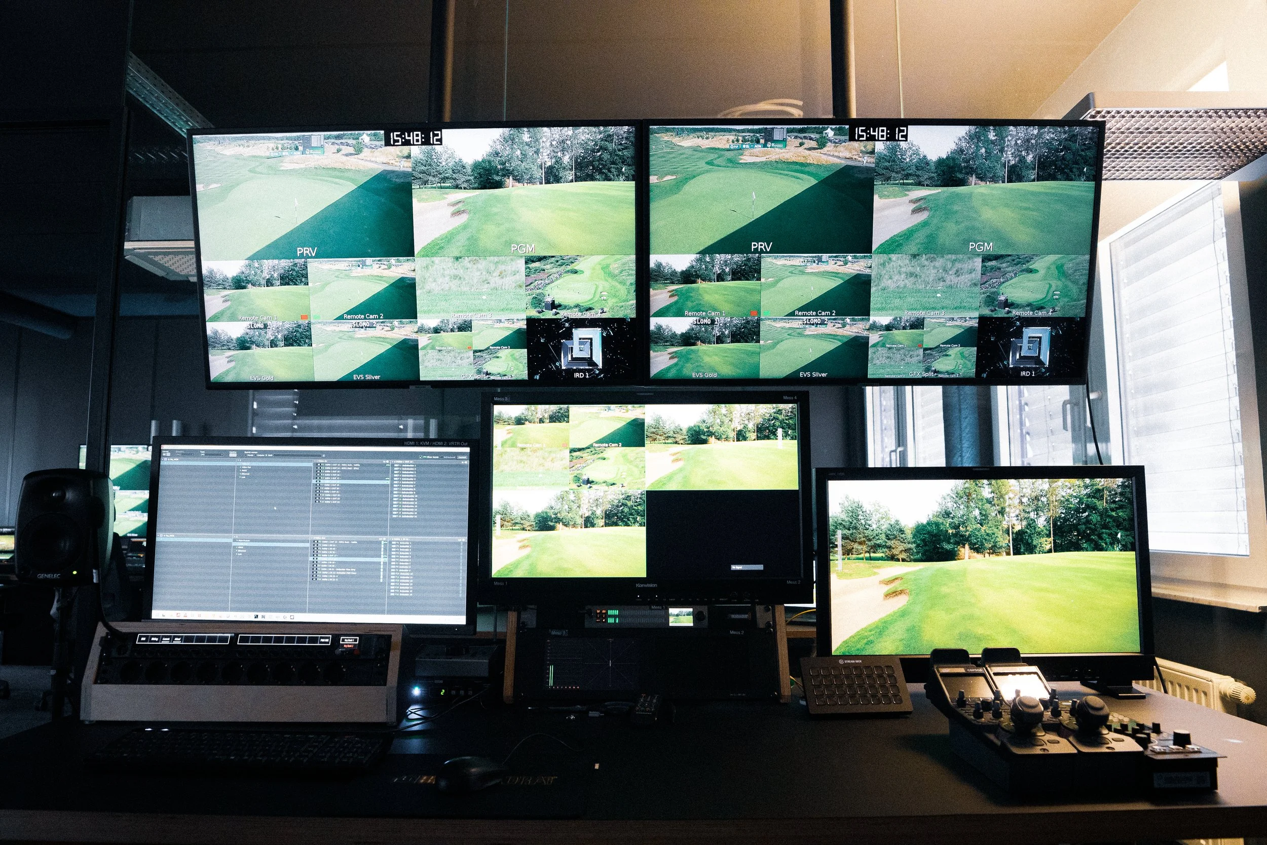 A control room with multiple monitors displaying live video feeds of a golf course, with some showing different camera angles and others displaying maps and data.