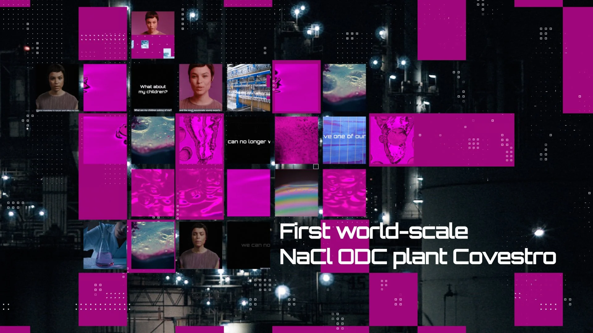 A digital and futuristic collage with images of people, laboratory equipment, and digital graphics overlayed on a dark cityscape. The collage has purple and pink blocks with some abstract visuals, accompanied by text that says 'First world-scale NacL ODC plant Covestro'.