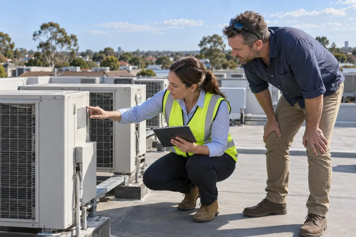 Quantity surveyor inspecting rooftop air conditioning plant with the owner to prepare a commercial property depreciation schedule