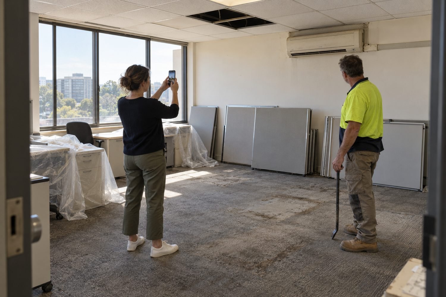 Owner photographing old air conditioning and carpet before a refurbishment so the assets can be scrapped for depreciation