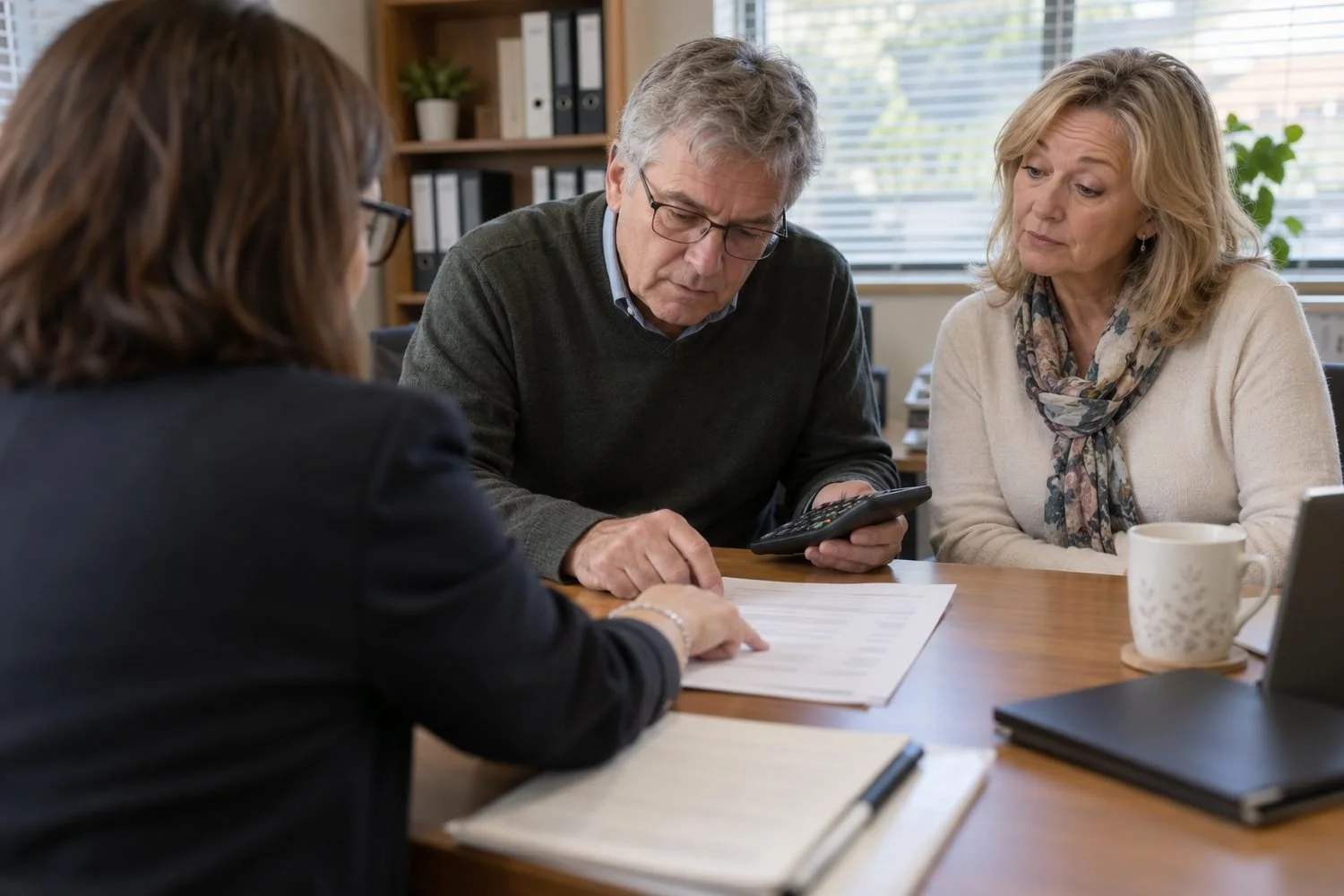 Couple reviewing settlement figures with their conveyancer, seeing the stamp duty on a commercial property purchase