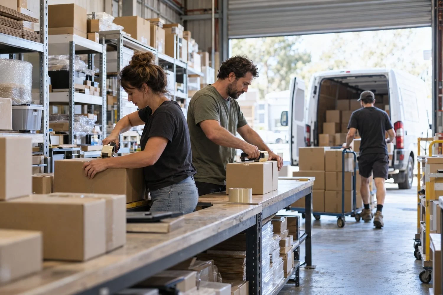 Online business owners packing orders in a leased industrial unit, the kind of tenant that keeps an industrial property income steady