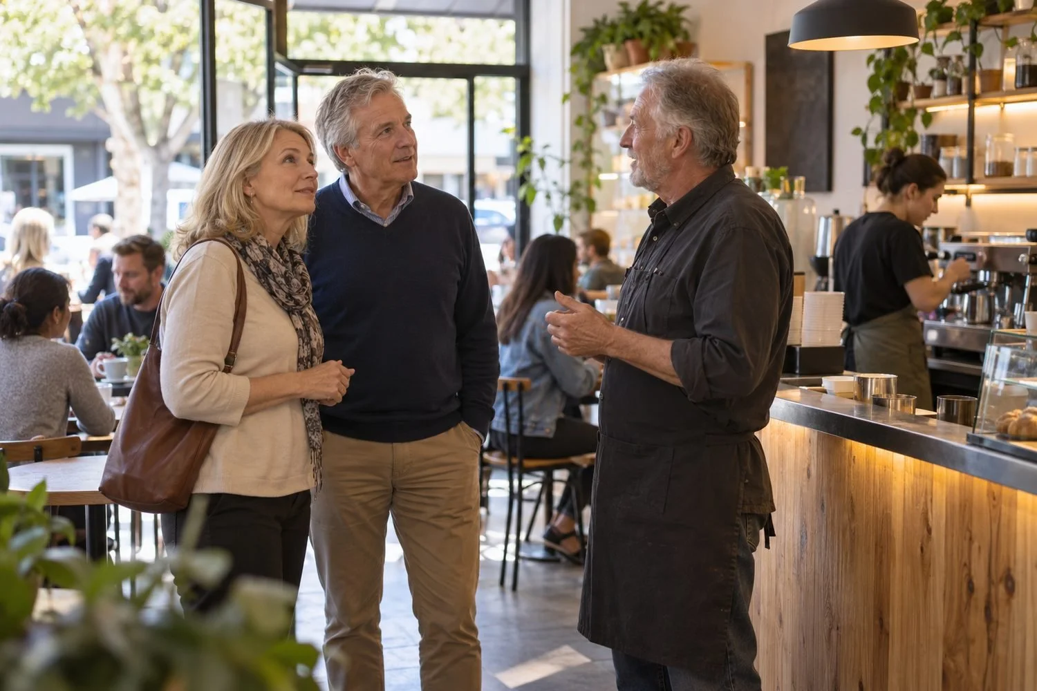 Buyers meeting the outgoing owner inside a trading cafe, a commercial property sold as a GST-free going concern
