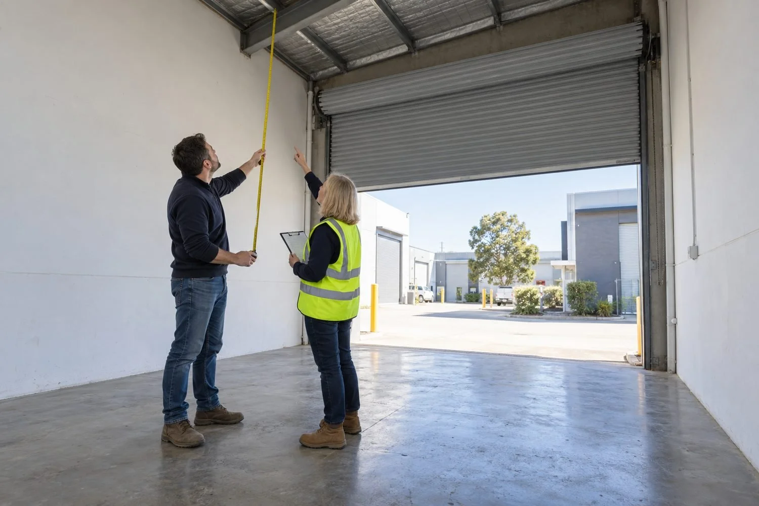 First-time investor measuring warehouse clearance height with a building consultant during industrial property due diligence