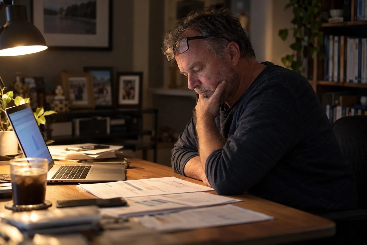 Investor at his desk late at night working through the GST cash flow gap at settlement on a commercial property purchase