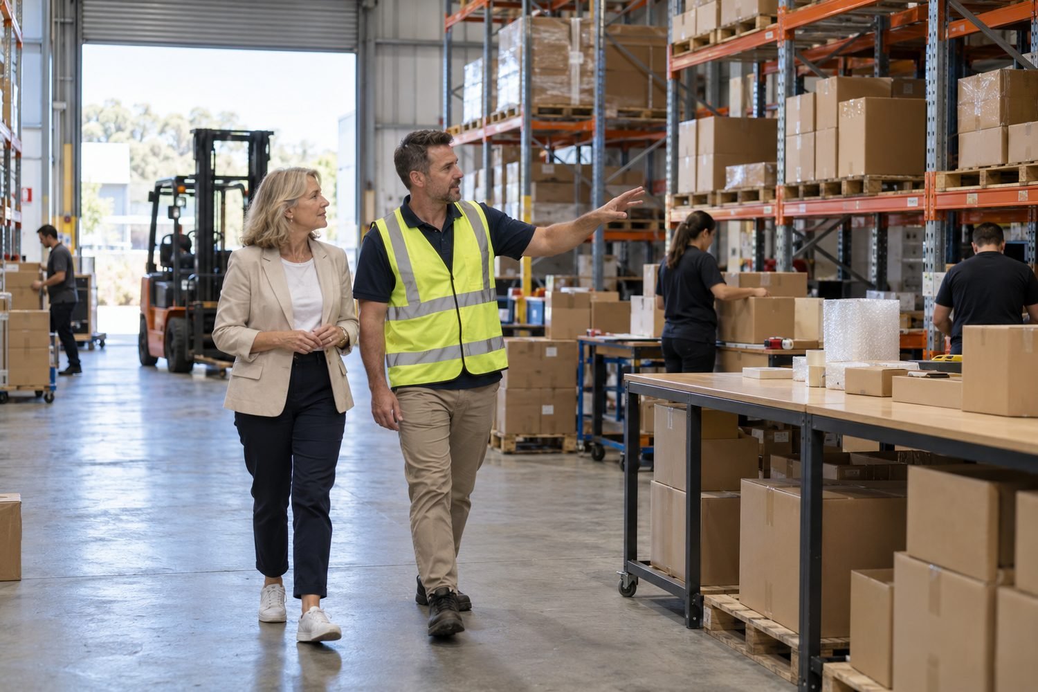 Property owner and tenant walking through the tenant's new warehouse fit-out, a sign of a long and committed commercial lease