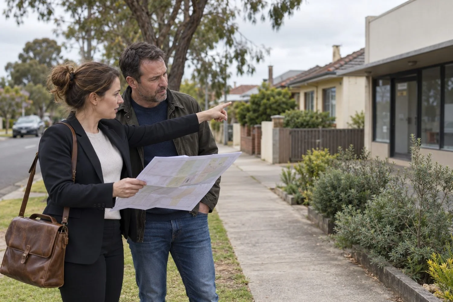 Town planner explaining commercial property zoning and overlays to a buyer outside a commercial building next to houses