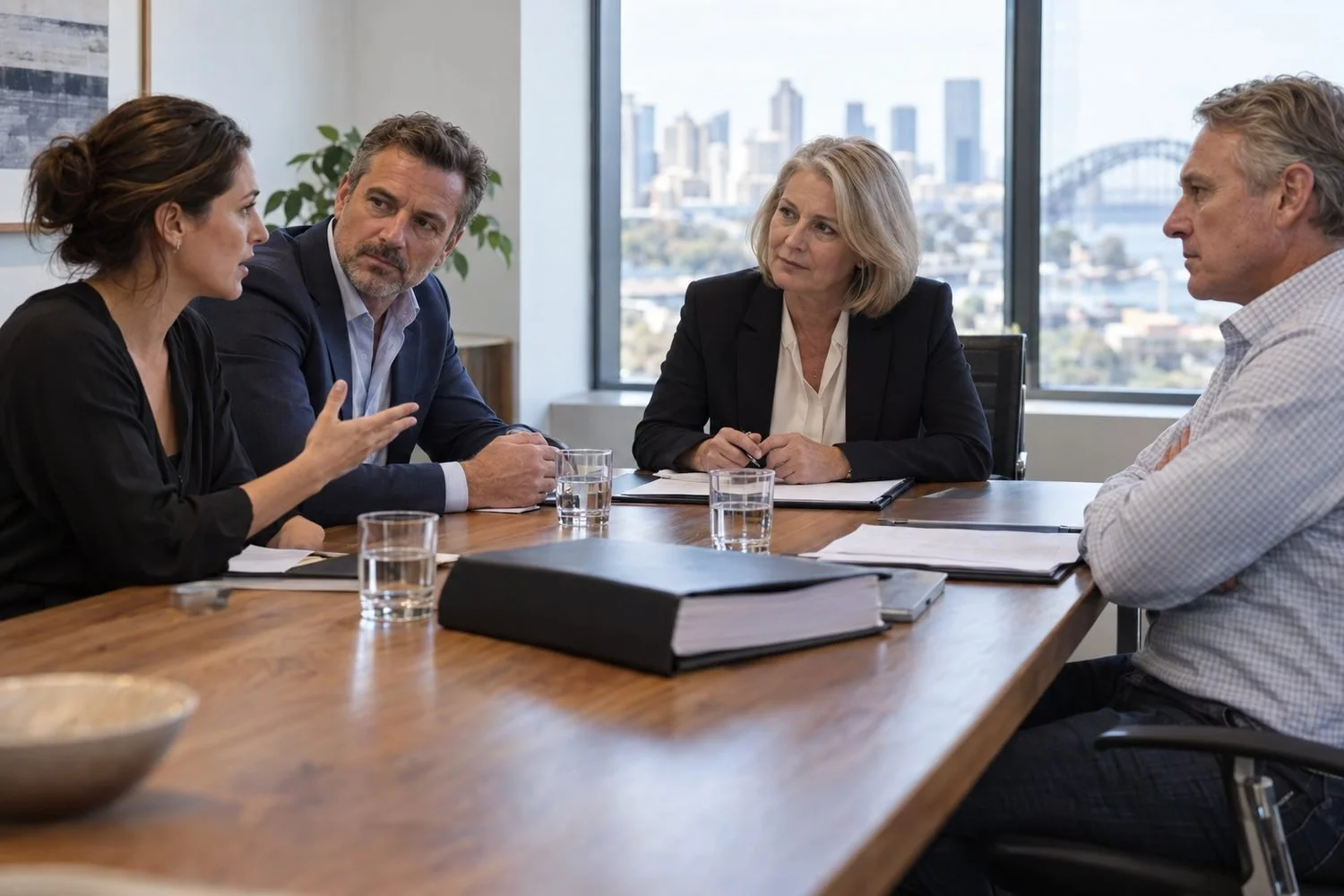 Business partners and a lawyer agreeing the ownership structure and co-ownership terms for a commercial property