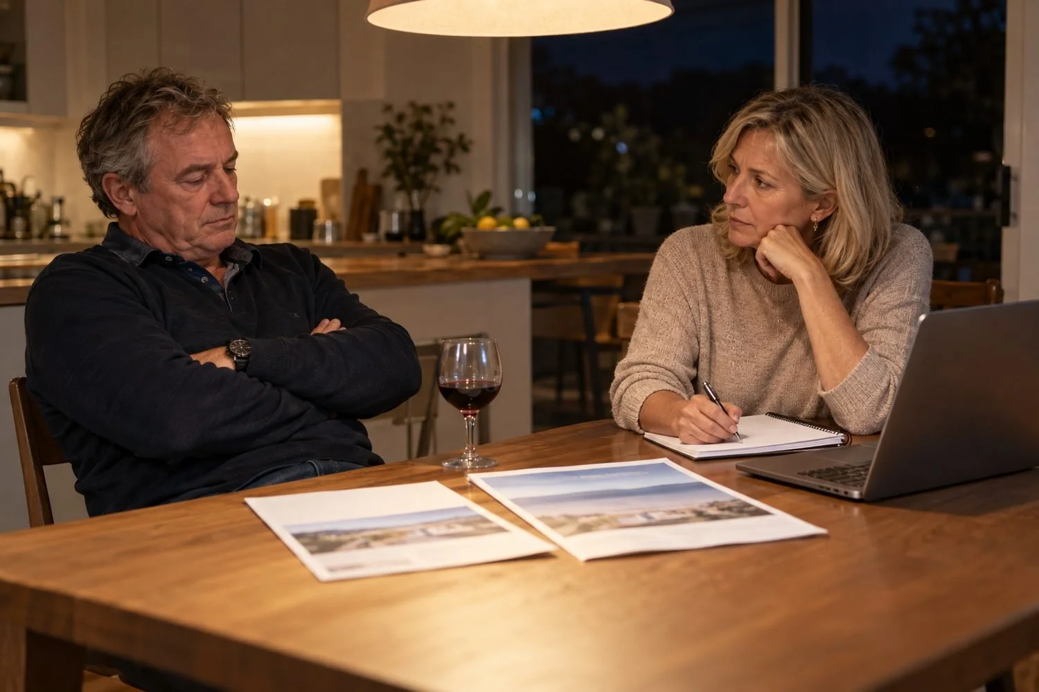 Couple at their kitchen table comparing two commercial property brochures and weighing up which yield is worth the risk