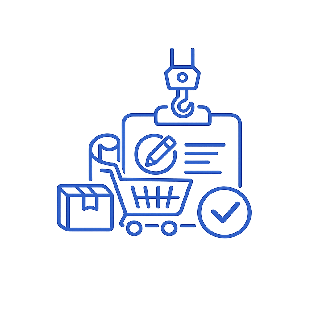 Digital illustration of online shopping shopping cart, checklist, package, and checkmark icons in blue and purple tones