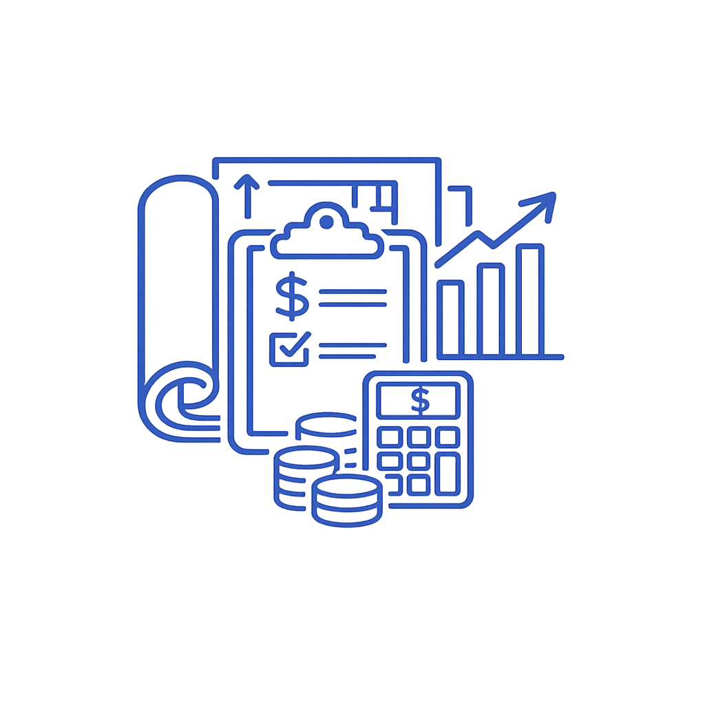 Blue illustration of financial and accounting symbols, including a clipboard with a checkmark and dollar sign, a calculator, stacked coins, a chart with an upward arrow, and documents.