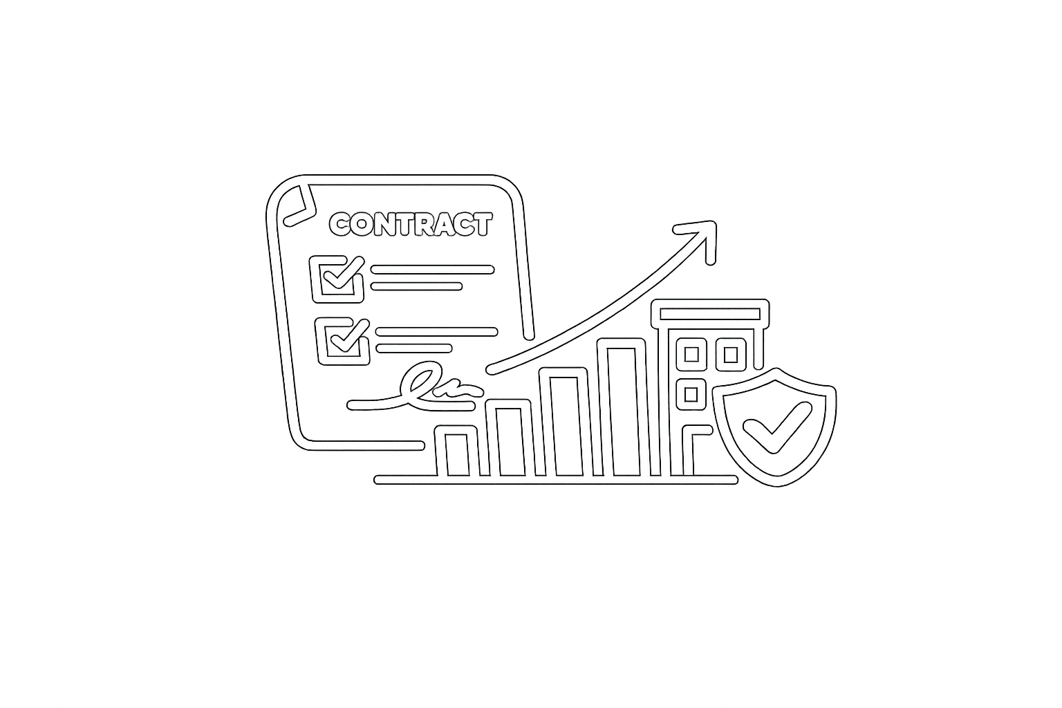 Illustration of a contract checklist, bar graph with upward arrow, and shield with a checkmark, symbolizing legal agreement, growth, and security.
