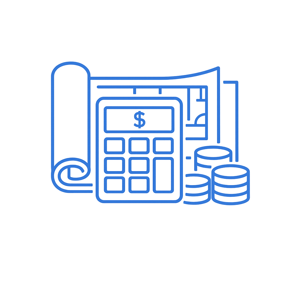 Blueprint with calculator, dollar sign, and coins, representing financial planning or budgeting.