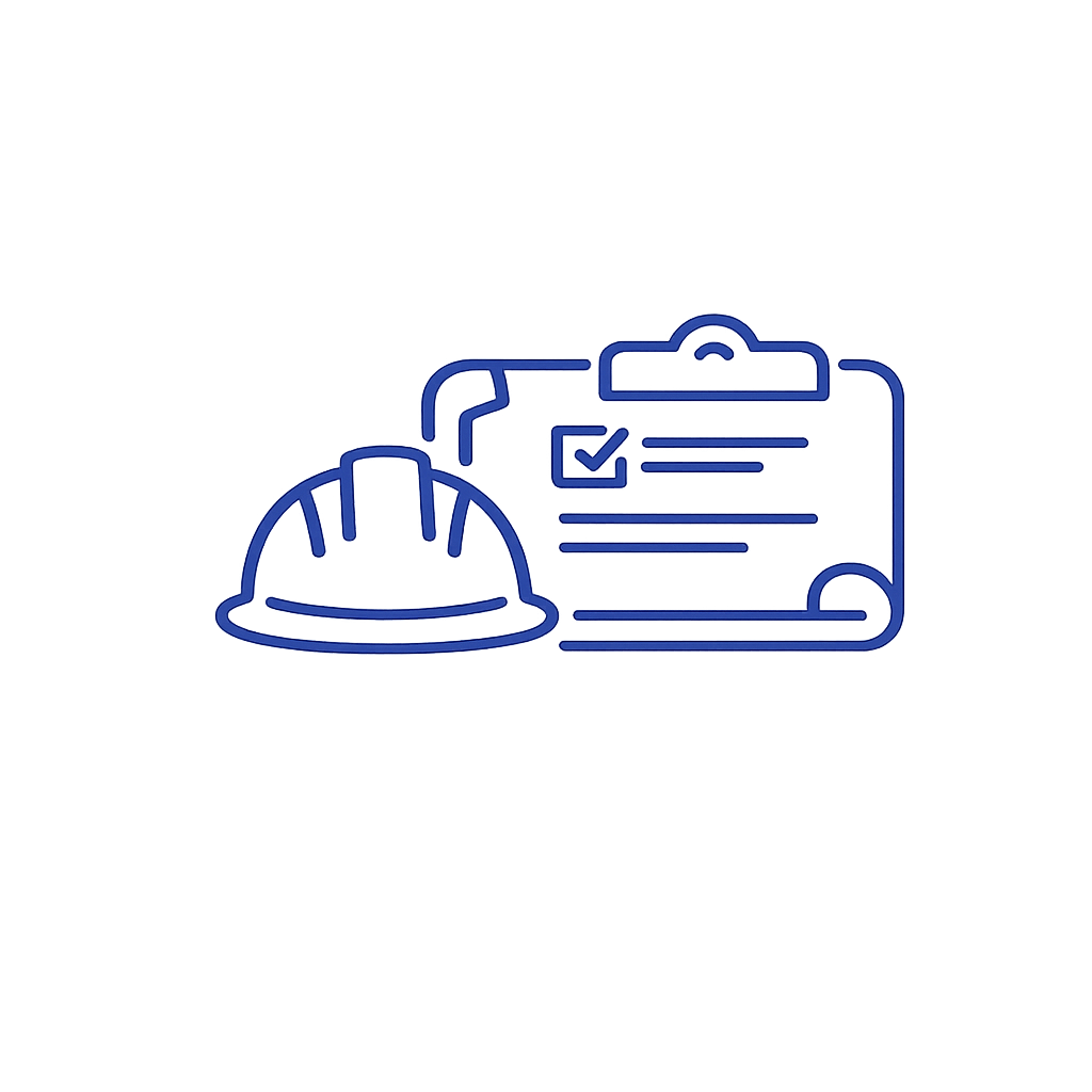 Neon blue line drawing of a safety helmet, a clipboard with a checklist, and a document, on a dark background.