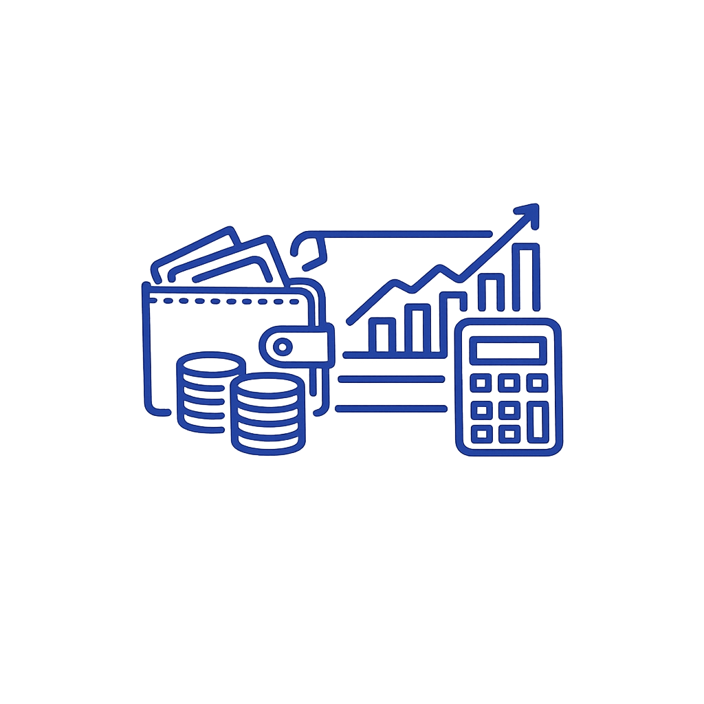 Illustration of a wallet with cash, coins, a chart with rising line, and a calculator, symbolizing finance or investment.