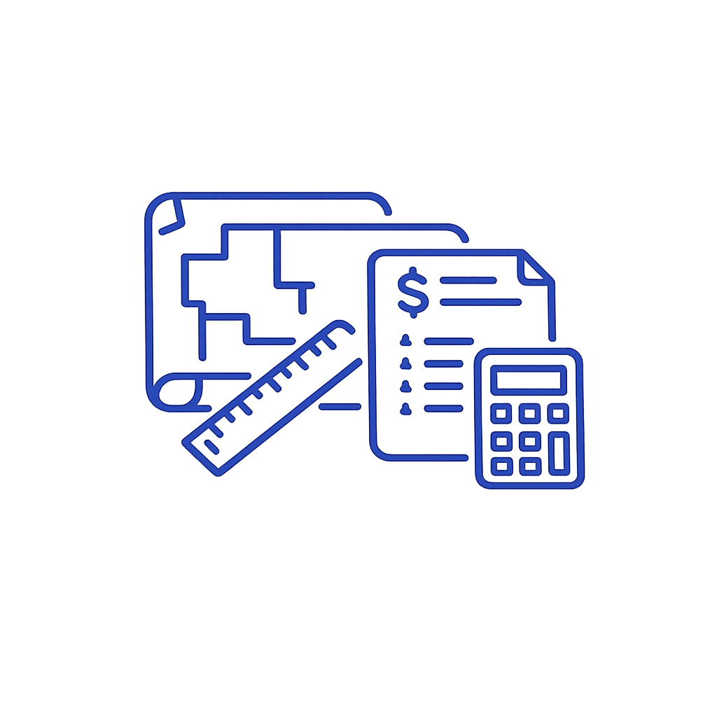 Blue digital illustration of architectural plans, a ruler, a financial document, and a calculator.