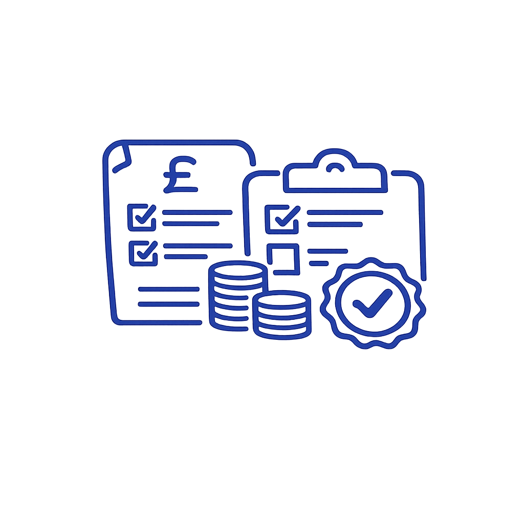 Blue illustration of financial documents, coins, and a seal with a checkmark representing financial approval or verification.