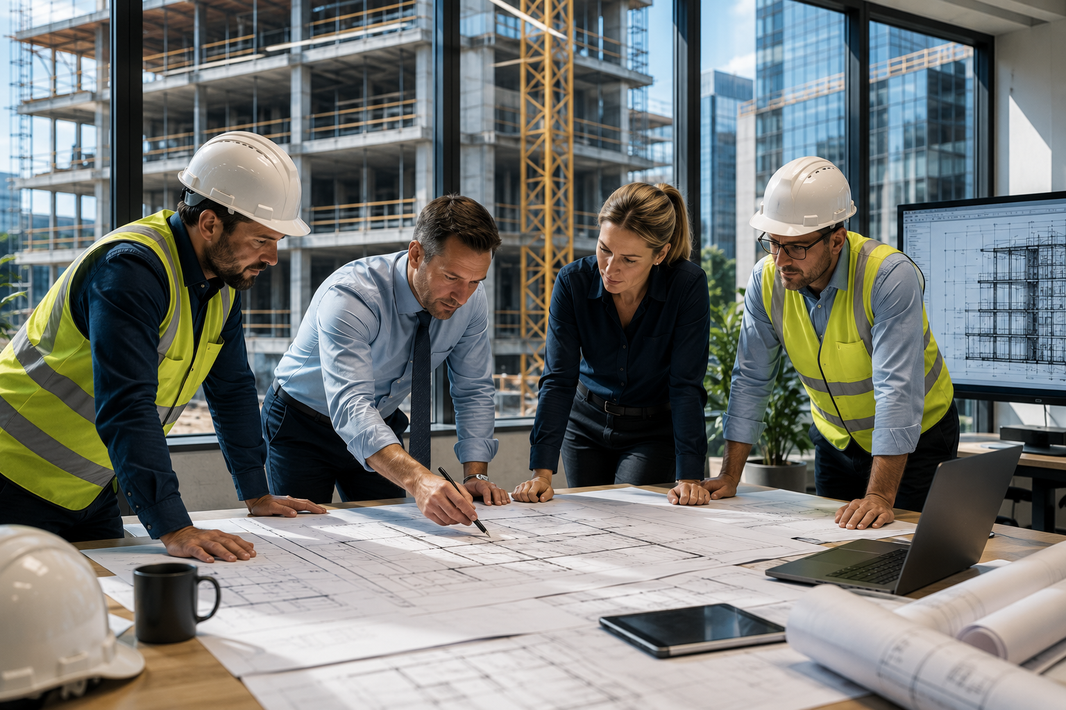 Group of four architects and construction workers reviewing blueprints at a desk inside an office with large windows overlooking a construction site.