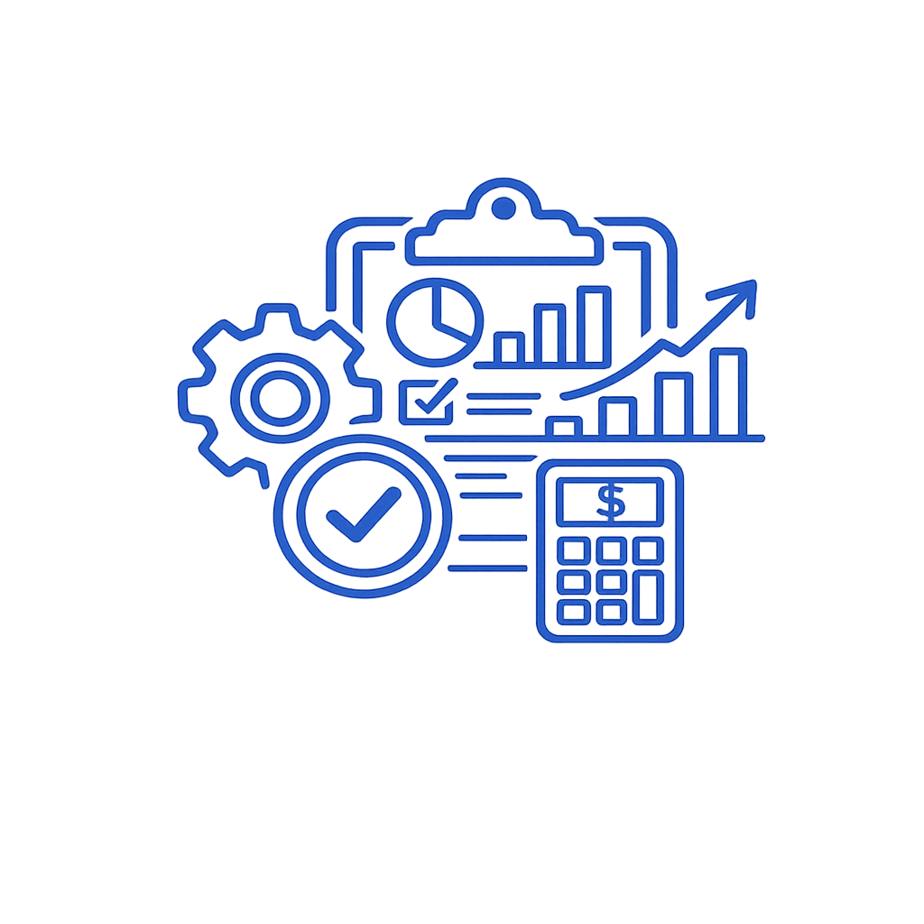 Digital illustration of business analytics, gears, checkmarks, financial chart, and calculator icons in blue.