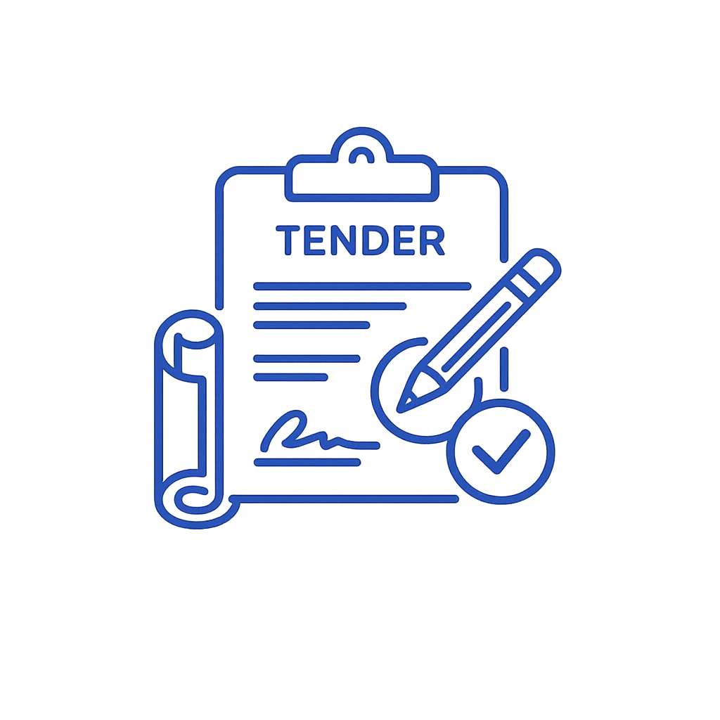 Blue TENDER contract with a pen and a checkmark.