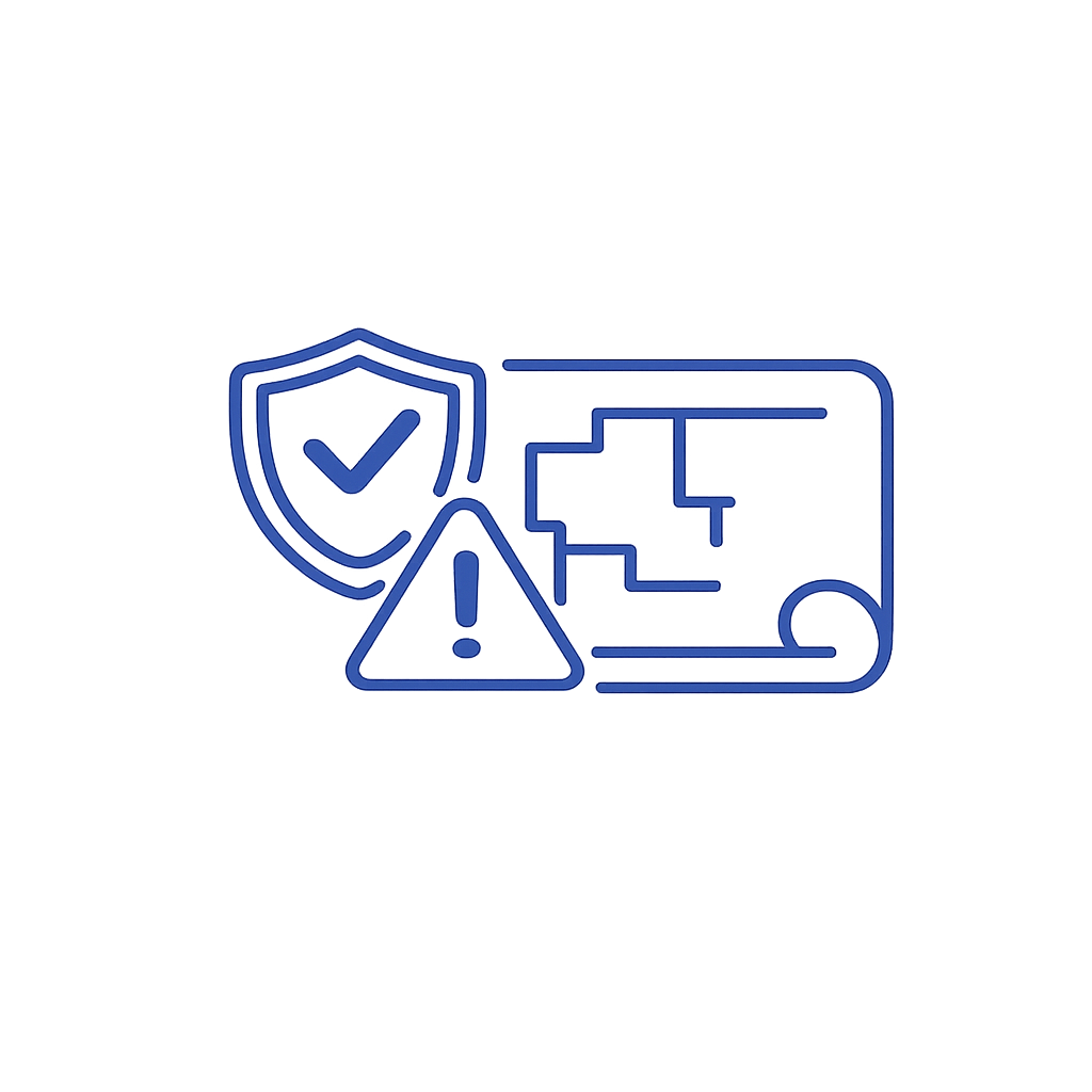 A digital illustration of a security shield, a caution warning triangle with an exclamation mark, and a flowchart or process diagram on a tablet or screen.